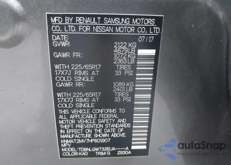 2017 Nissan Rogue Sv z USA, uszkodzony, nr VIN KNMAT2MV7HP601907